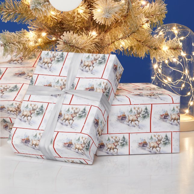 Watercolor Santa Claus And Sleigh In Snowflakes Wrapping Paper (Holidays)
