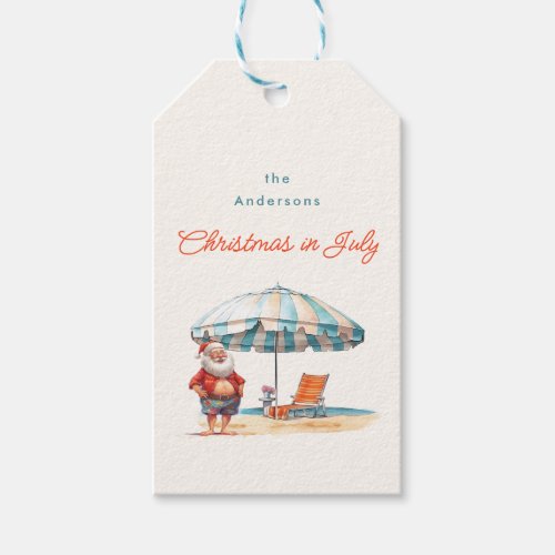 Watercolor Santa Claus Beach Christmas in July Gift Tags