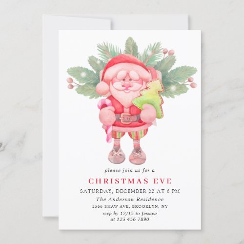 Watercolor Santa Claus Christmas Eve Holiday Party Invitation