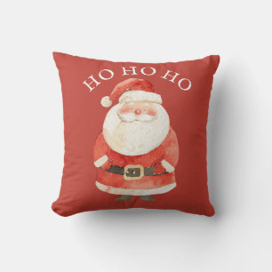 Watercolor Santa Claus HO HO HO Cute Christmas Red Throw Pillow