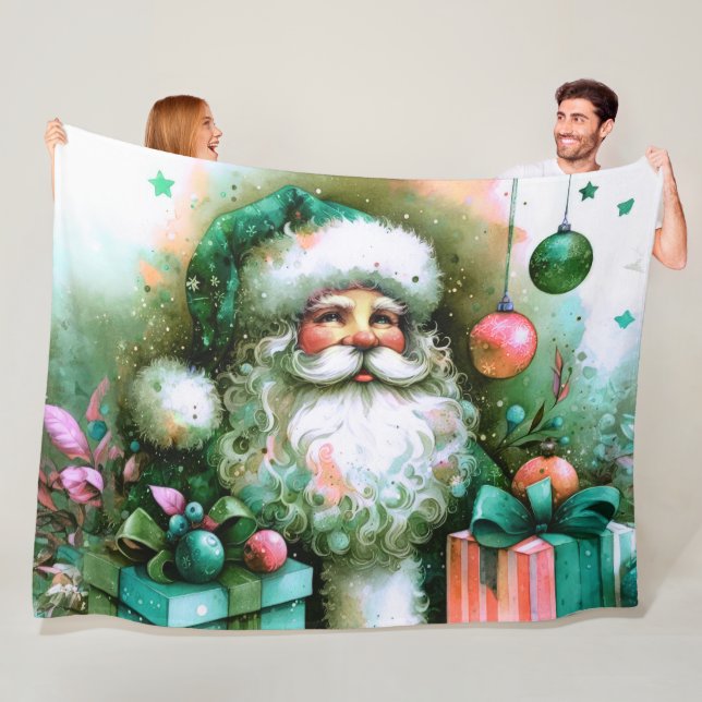 Watercolor Santa Claus Pink Green Gifts Fleece Blanket (In Situ)