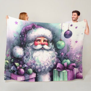Watercolor Santa Claus Purple Green Gifts Fleece Blanket