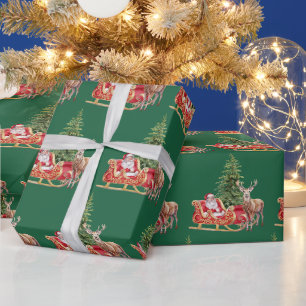 Watercolor Santa Claus, Reindeer Green Christmas Wrapping Paper