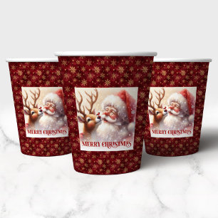 Watercolor Santa Claus Rudolph Festive Christmas Paper Cups