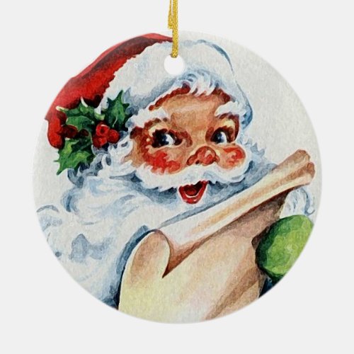 Watercolor Santa Claus  White Deer Antlers Ceramic Ornament