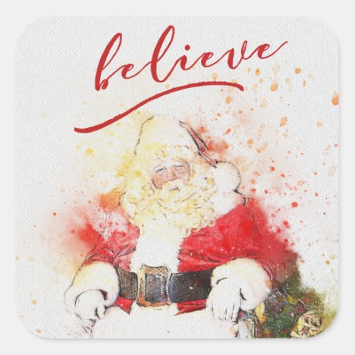 Watercolor Santa Claus with Believe Calligraphy Square Sticker