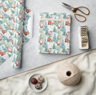 Watercolor Santa Claus with Christmas presents Wrapping Paper