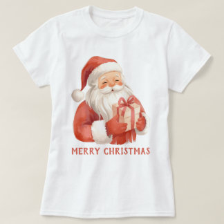 Watercolor Santa Clause With Gift Custom T-Shirt