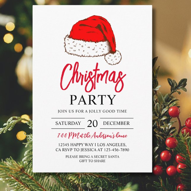 Watercolor Santa Hat Christmas Party Xmas Holiday Invitation (Creator Uploaded)
