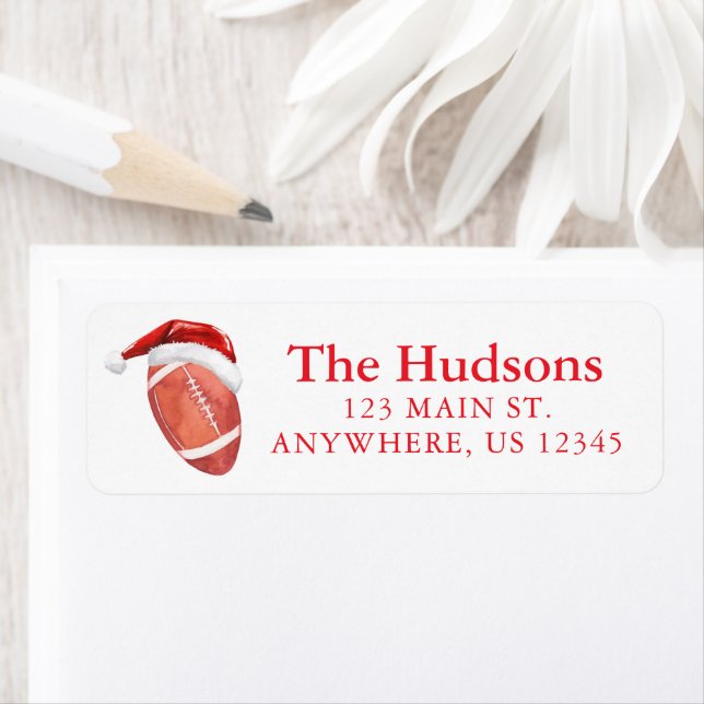 Watercolor Santa Hat Football Christmas Address Label (Insitu)