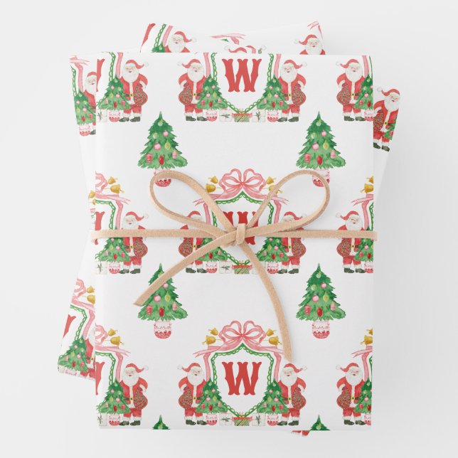 Watercolor Santa Monogram Crest Christmas Wrapping Paper Sheets (In situ)
