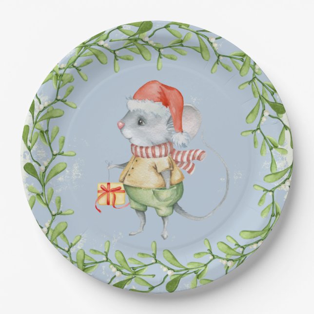 Watercolor Santa Mouse with Christmas Holly Paper Plates (Front)
