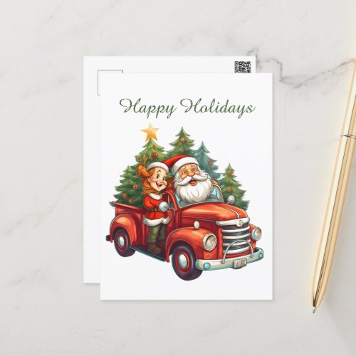 watercolor Santa Mrs Claus driving add text Holiday Postcard