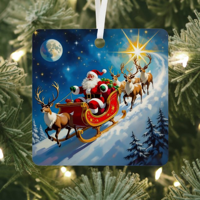 Watercolor Santa on Sleigh Christmas Personalized Metal Ornament (Insitu)