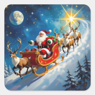 Watercolor Santa on Sleigh Christmas Square Sticker