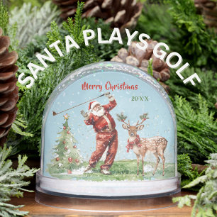WATERCOLOR SANTA PLAYS GOLF REINDEER WAITS SNOW GLOBE
