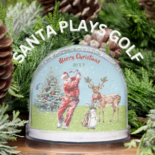 WATERCOLOR SANTA PLAYS GOLF REINDEER WAITS SNOW GLOBE
