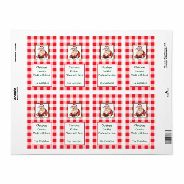 Watercolor Santa Red Check Christmas COOKIES Label (Full Sheet)