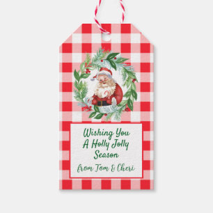 Watercolor Santa Red Check Jolly Christmas Gift Tags