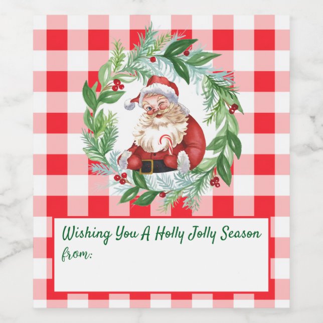 Watercolor Santa Red Check Jolly Christmas LG  Wine Label (Single Label)