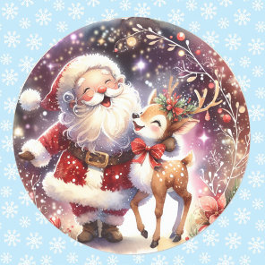 Watercolor Santa Reindeer Christmas Cute Classic Round Sticker
