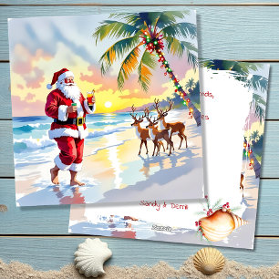 Watercolor Santa & Reindeer on the Beach Christmas Holiday Card