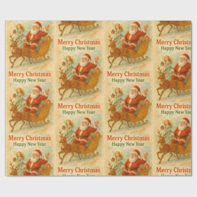 Watercolor Santa Sleigh Vintage Christmas Wrapping Paper