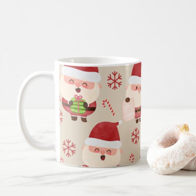Watercolor Santa Snowflake Candy Cane Christmas  Coffee Mug (With Donut)