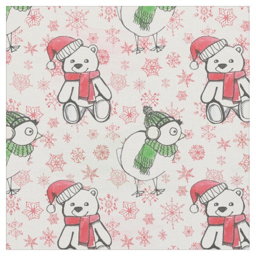 Watercolor santa teddy bear and birdie Christmas Fabric