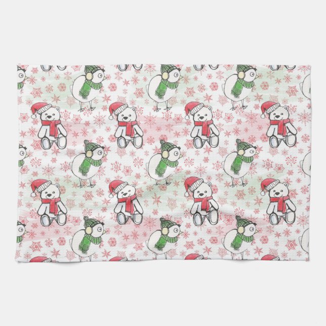 Watercolor santa teddy bear and birdie Christmas Kitchen Towel (Horizontal)