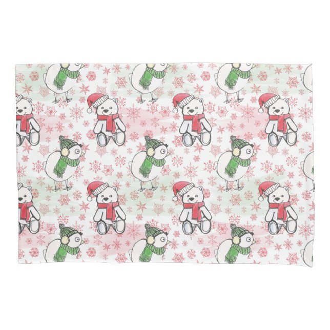 Watercolor santa teddy bear and birdie Christmas Pillow Case (Front)