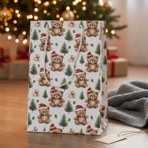 Watercolor Santa Teddy Bear & Pine Tree Christmas Medium Gift Bag