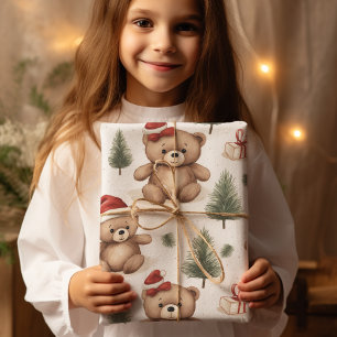 Watercolor Santa Teddy Bear & Pine Trees Christmas Wrapping Paper