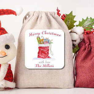 Watercolor Santa's Gift Bag Christmas Square Sticker