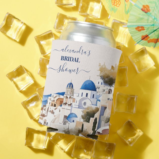 Watercolor Santorini Destination Bridal Can Cooler (In Situ Summer)
