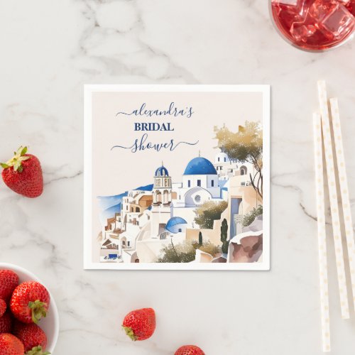 Watercolor Santorini Destination Bridal Napkins