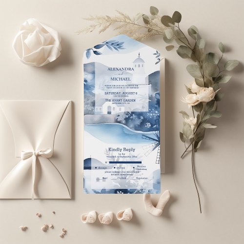 Watercolor Santorini Destination Wedding  All In One Invitation