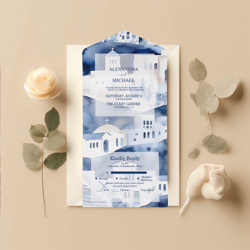 Watercolor Santorini Destination Wedding  All In One Invitation