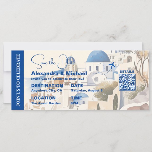 Watercolor Santorini Destination wedding Invitation (Front)