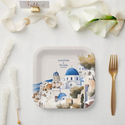 Watercolor Santorini Destination Wedding Paper Plates