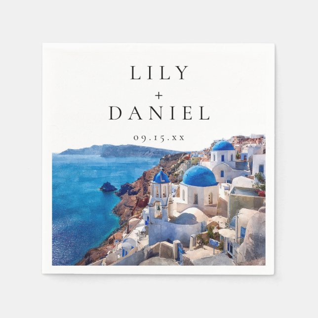 Watercolor Santorini Greece Destination Wedding Napkins (Front)