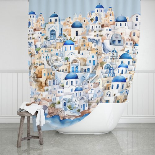 Watercolor Santorini Greece Modern Greek Vacation Shower Curtain