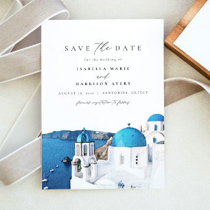 Watercolor Santorini Greece Skyline Save the Date Invitation