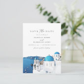 Watercolor Santorini Greece Skyline Save the Date Postcard (Standing Front)