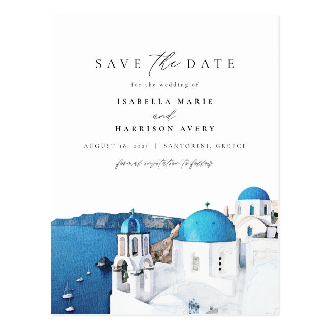 Watercolor Santorini Greece Skyline Save the Date Postcard