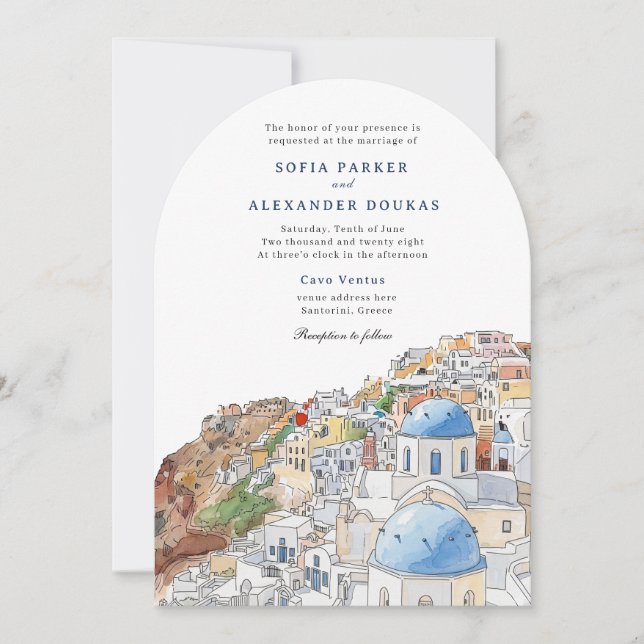 Watercolor Santorini Greece Skyline wedding Invitation (Front)
