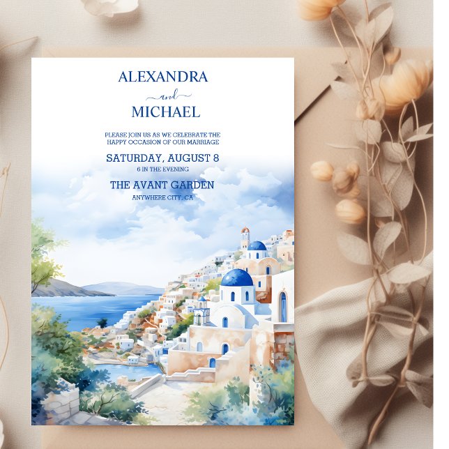Watercolor Santorini Greece Skyline Wedding Invitation (Creator Uploaded)