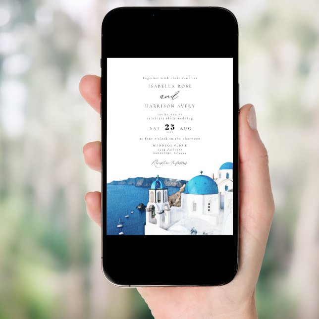 Watercolor Santorini Greece Skyline Wedding Invitation (Front Digital)