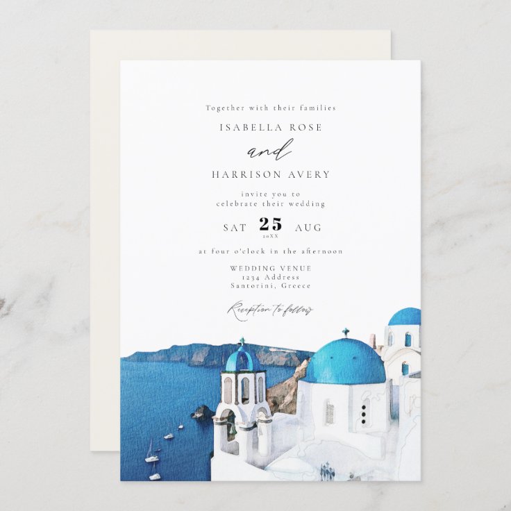 Watercolor Santorini Greece Skyline Wedding Invitation Zazzle