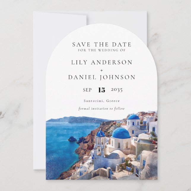 Watercolor Santorini Greece Wedding Arch Save The Date (Front)